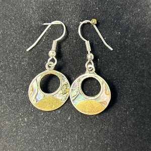 Abalone Inlay And Brass With Silver Plate Circle Earrings Dangle Drop